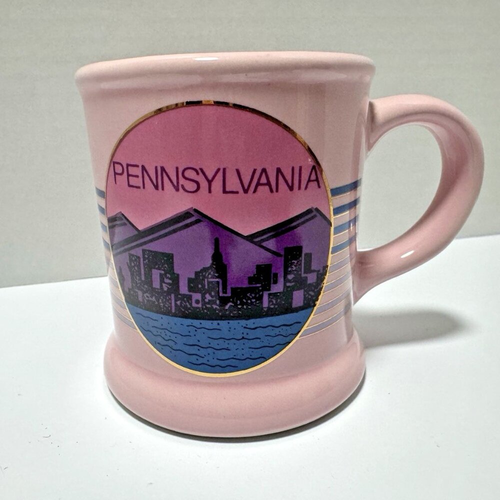 Vintage Pennsylvania Souvenir Coffee Cup Mug Pink Purples with Gold Detail